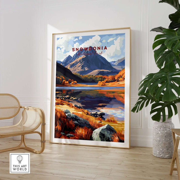 Snowdonia National Park print in vibrant autumn colors displayed in a cozy home setting, capturing the beauty of Wales.