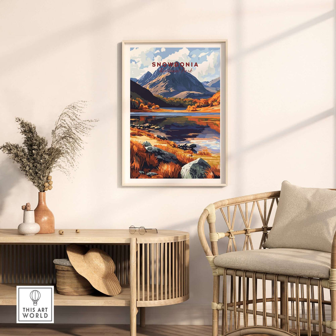 Snowdonia National Park print showcasing vibrant autumn colors in a cozy home setting with modern decor.