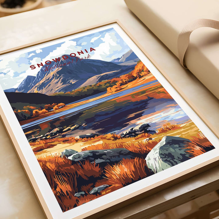 Snowdonia National Park print showcasing vibrant autumn colors in a framed artwork, capturing Wales' natural beauty.