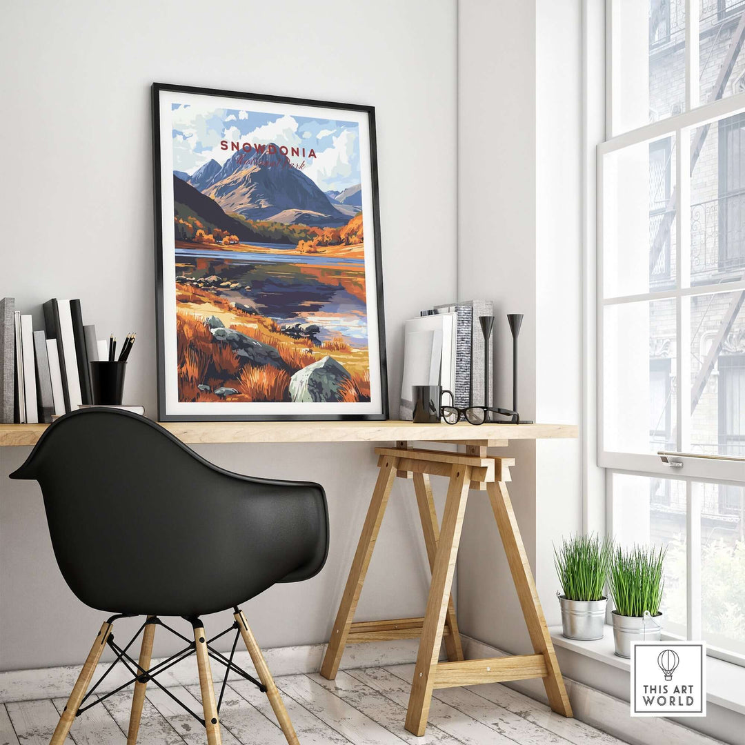 Snowdonia National Park print showcasing vibrant autumn colors in a stylish home office setting. Perfect for nature lovers.