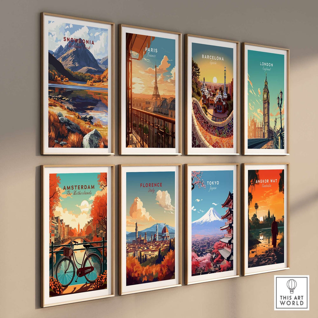 Collection of vibrant travel prints featuring Snowdonia, Paris, Barcelona, London, Amsterdam, Florence, Tokyo, and Angkor Wat.