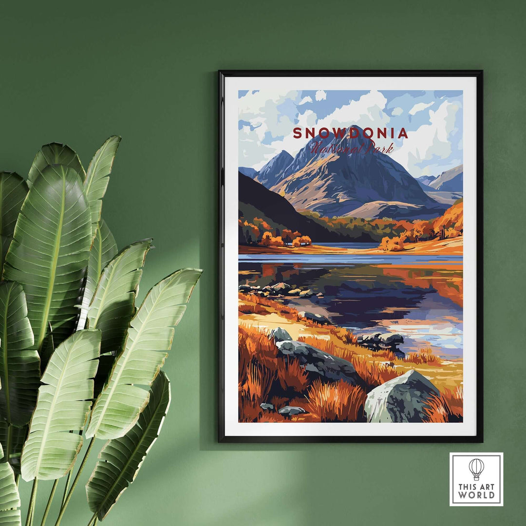 Snowdonia National Park print featuring vibrant autumn colors and majestic mountains, perfect for home decor.