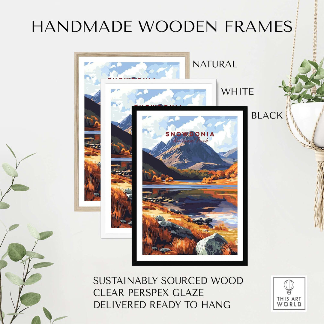 Handmade wooden frames in natural, white, and black for Snowdonia print, sustainably sourced and ready to hang.