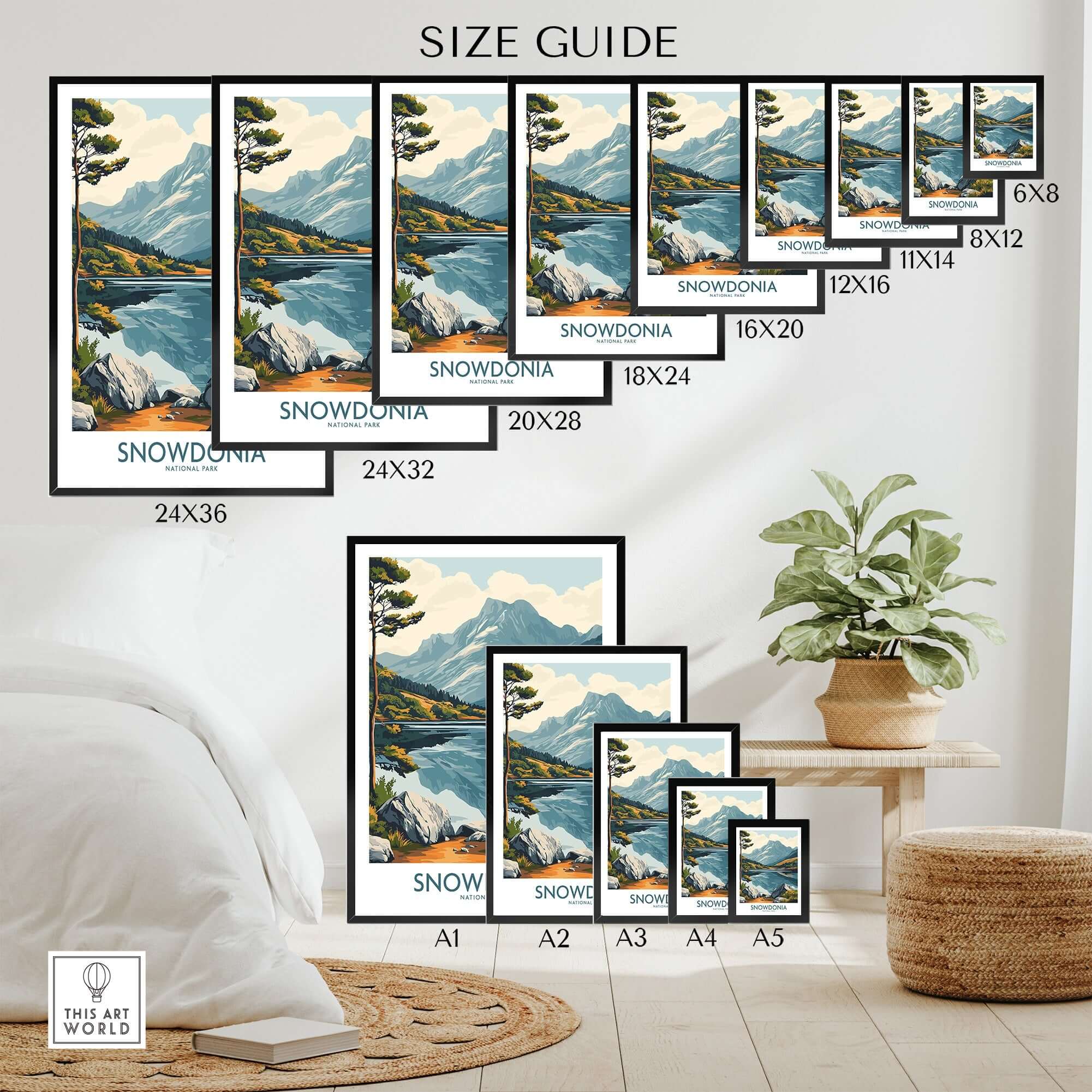 Snowdonia National Park Travel Poster size guide showcasing various dimensions