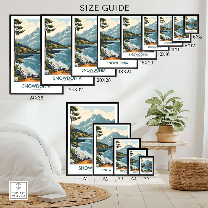 Size guide for Snowdonia National Park travel poster showcasing different frame sizes and landscape design options.