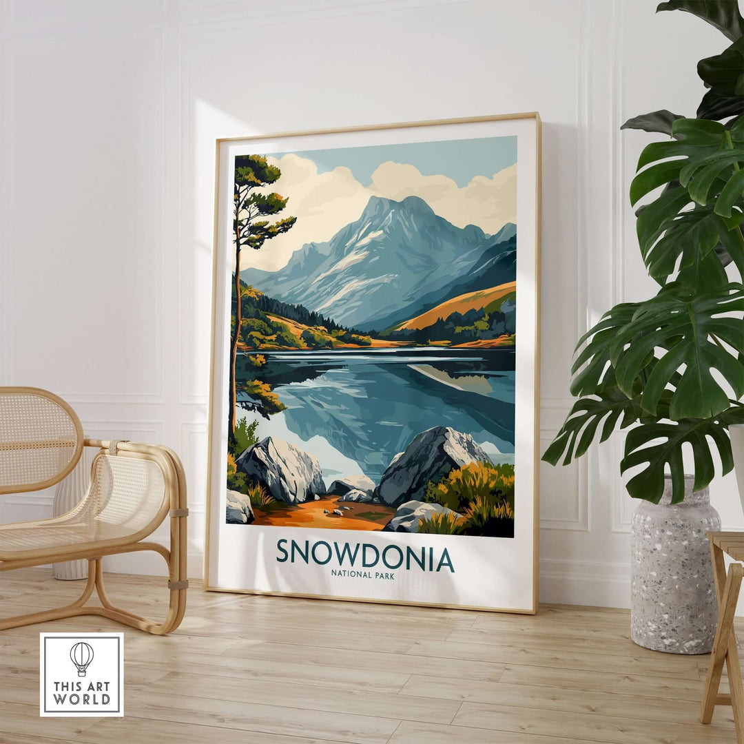 Snowdonia National Park travel poster featuring mountains, lakes, and lush landscapes displayed in a modern interior setting.