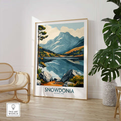 Snowdonia National Park Travel Poster featuring beautiful mountains and a serene lake setting.
