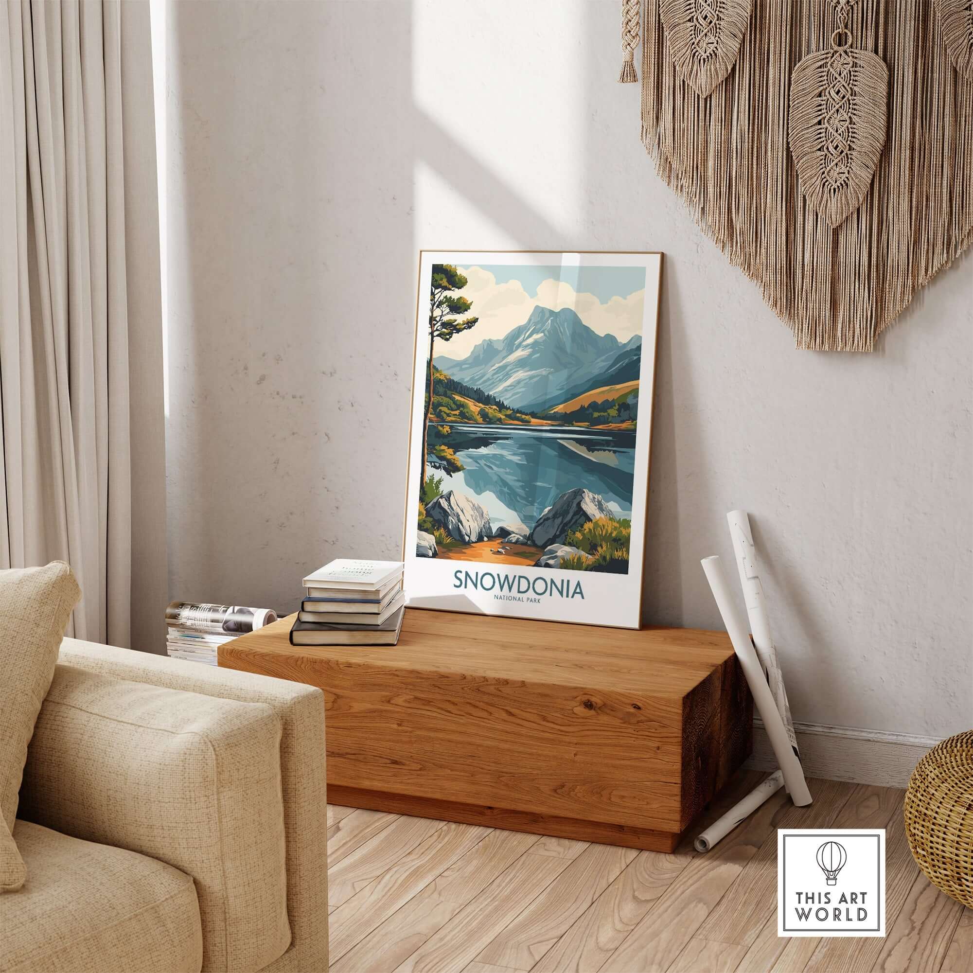 Snowdonia National Park Travel Poster featuring stunning mountains and a serene lake in a stylish home setting.