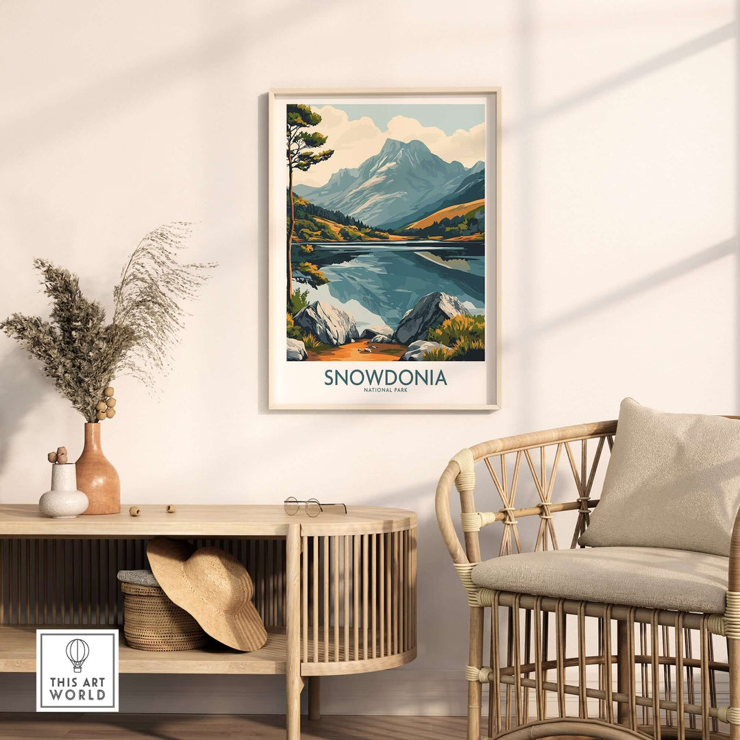 Snowdonia National Park travel poster featuring mountains and lakes, displayed in a modern home setting.