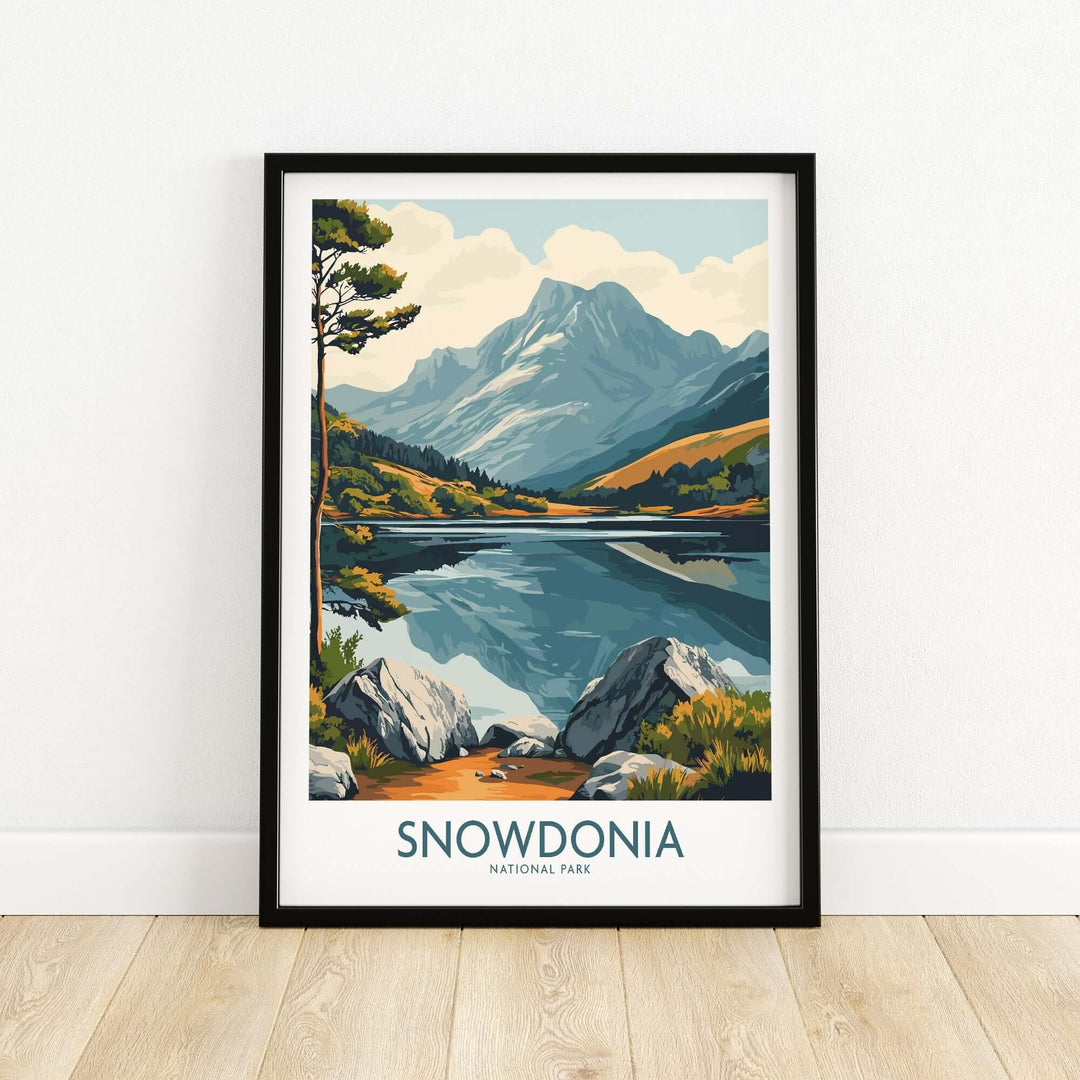 Snowdonia National Park travel poster featuring mountains, forests, and a clear lake in vibrant colors.