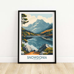 Snowdonia National Park Travel Poster featuring breathtaking mountain and lake scenery.