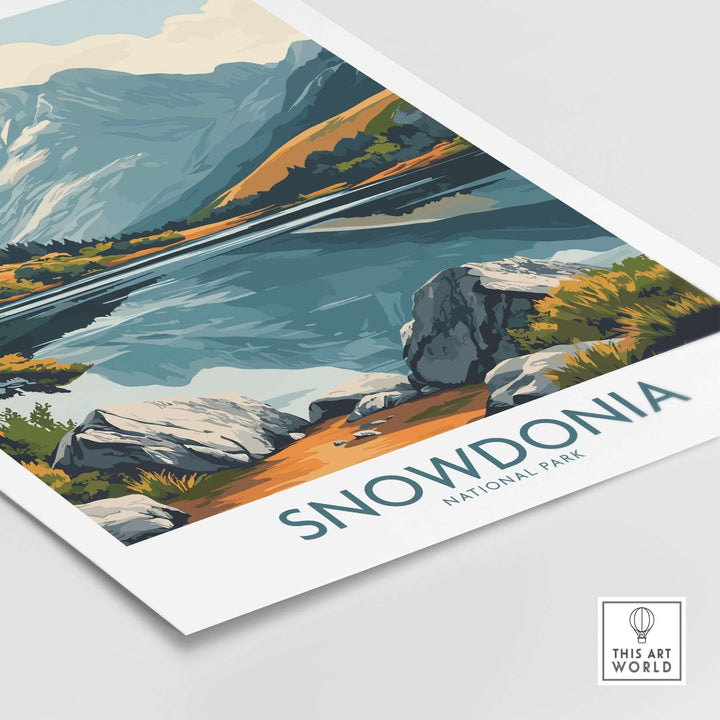 Snowdonia National Park travel poster featuring mountains, lakes, and vibrant landscapes, perfect for home decor.