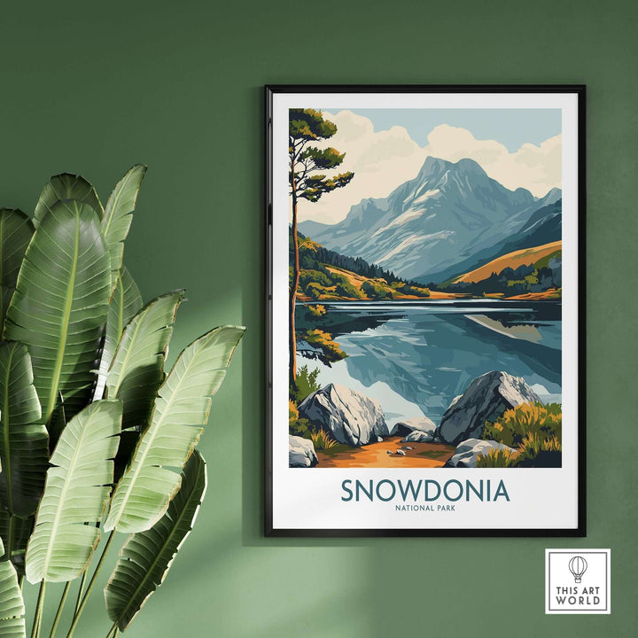 Snowdonia National Park travel poster showcasing mountains, forests, and lakes in vibrant colors. Perfect for home decor.