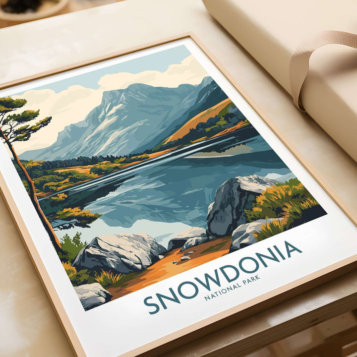 Snowdonia National Park travel poster featuring mountains, a lake, and lush forests in a stunning design.