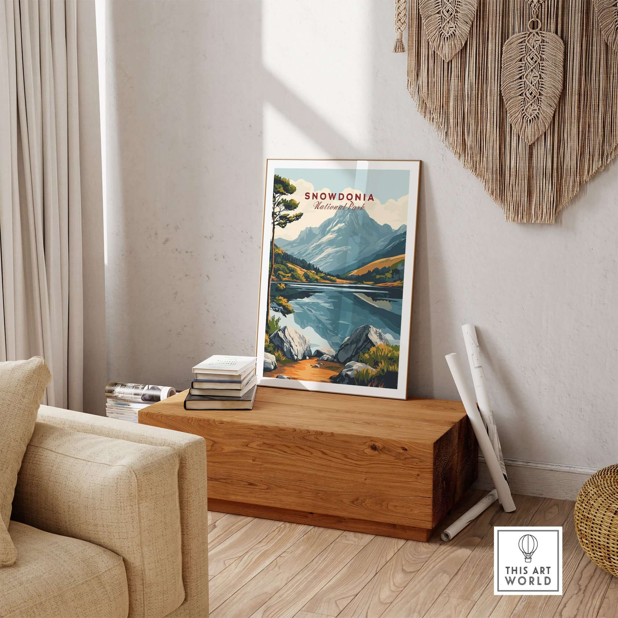 Snowdonia National Park Travel Print displayed in a cozy living room setting, showcasing vibrant landscapes.