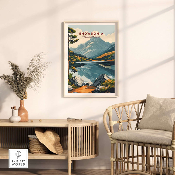 Snowdonia National Park travel print displayed in a cozy living space, showcasing vibrant landscapes and serene waters.