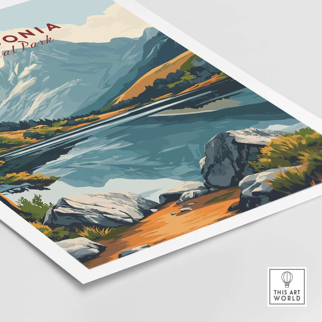 Snowdonia National Park travel print showcasing vibrant landscapes and serene lake views, perfect for home decor.