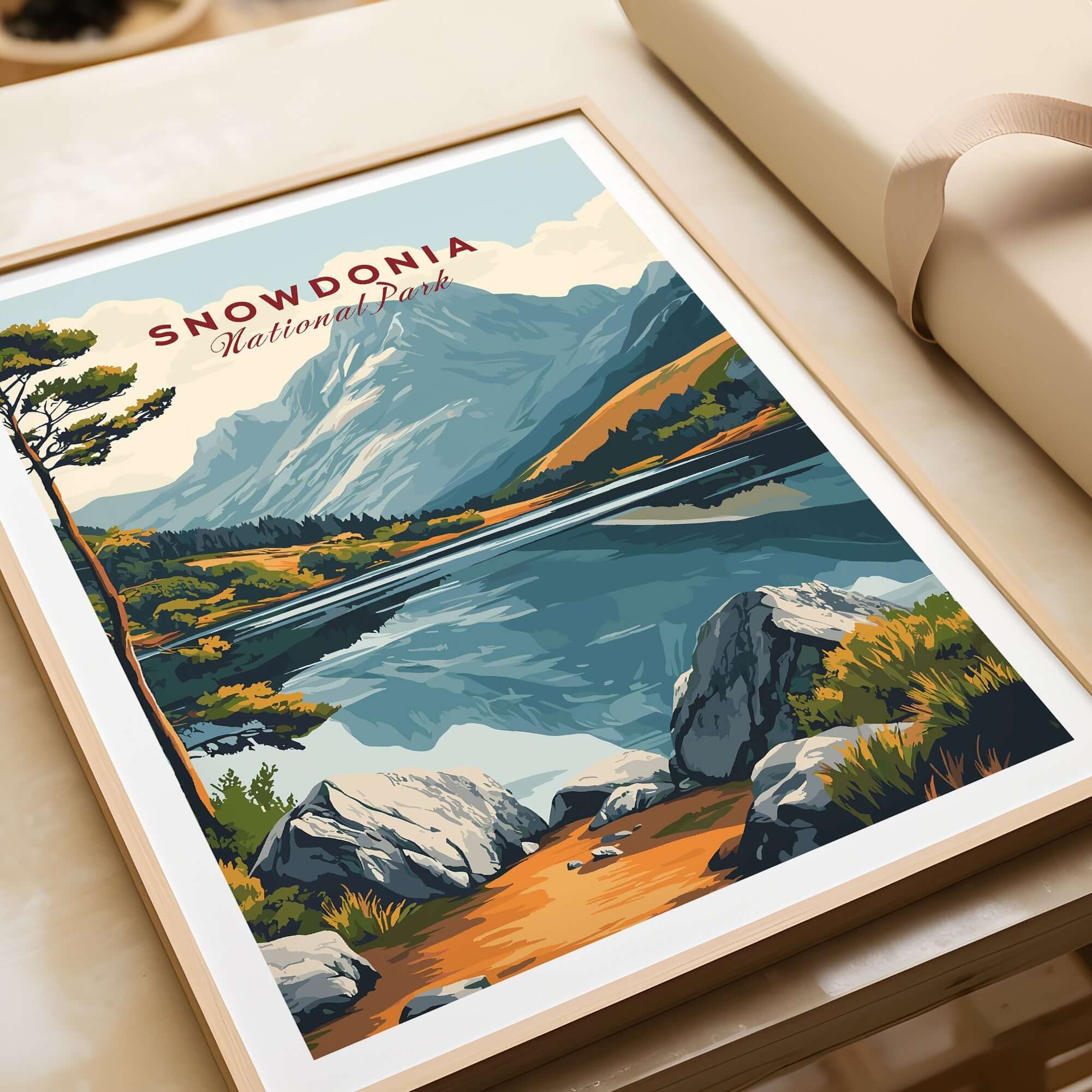 Snowdonia National Park Travel Print showcasing vibrant landscapes and serene waters in a beautiful frame.