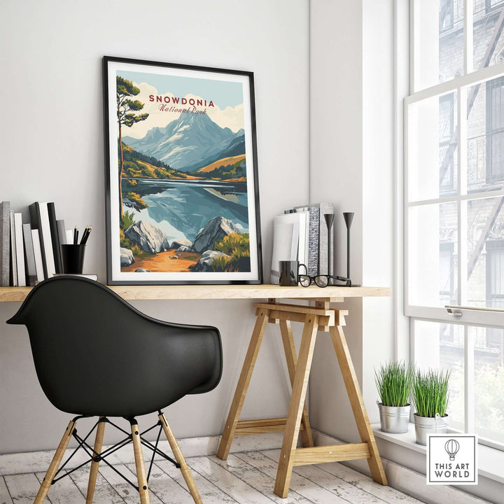 Snowdonia National Park travel print displayed in a stylish home office with a modern desk and chair.