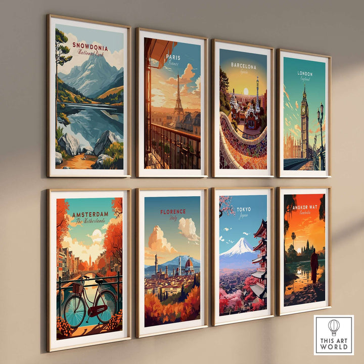 A collection of vibrant travel prints featuring Snowdonia, Paris, Barcelona, London, Amsterdam, Florence, Tokyo, and Angkor Wat.