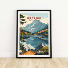 Snowdonia National Park Travel Print featuring a scenic mountain landscape and tranquil lake.