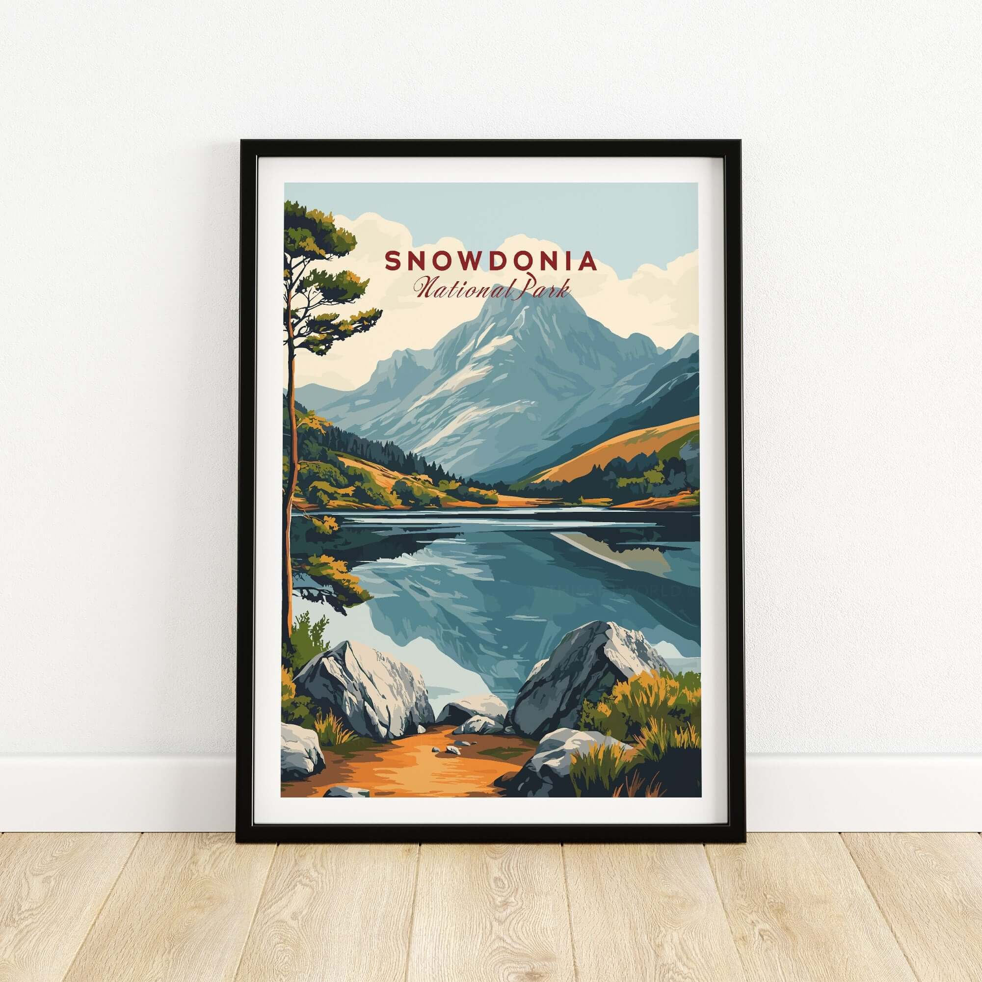 Snowdonia National Park Travel Print featuring a scenic mountain landscape and tranquil lake.