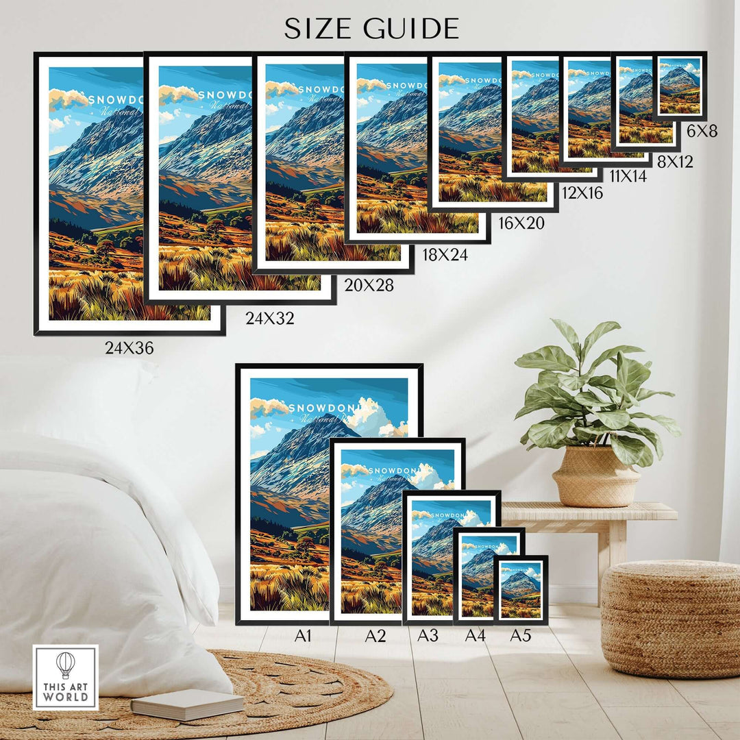 Size guide showcasing various framed options for the Snowdonia National Park Wales poster in a modern home setting.