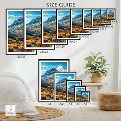 Size guide for Snowdonia National Park Wales Poster with various frame dimensions and beautiful mountain scenery.