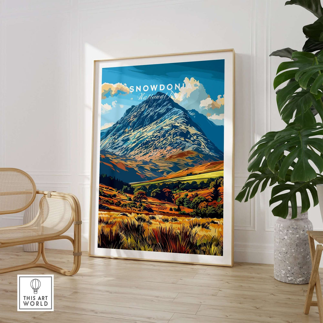 Snowdonia National Park Wales poster displayed in a bright room with green plants and natural decor.