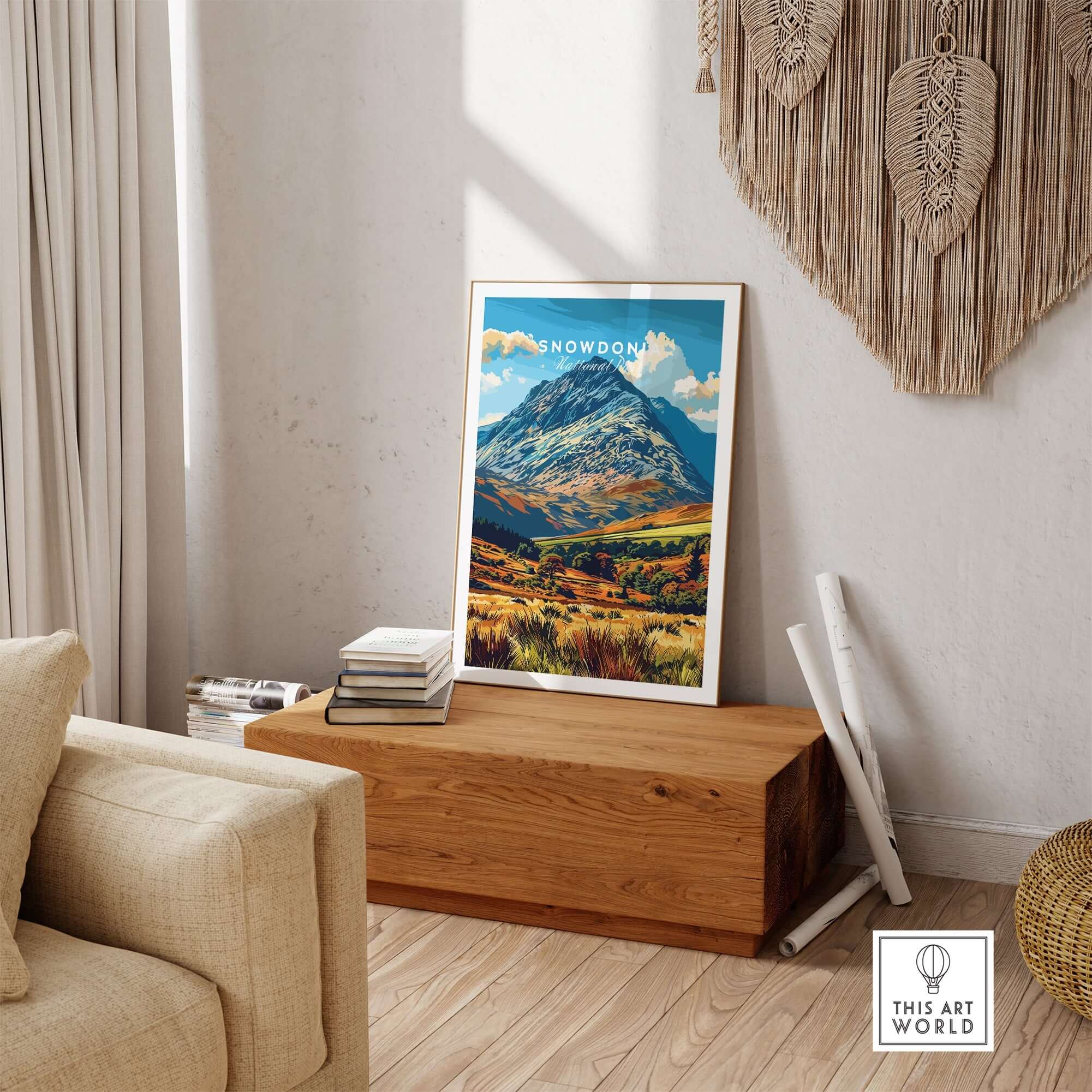 Snowdonia National Park Wales Poster displayed in a cozy living room setting, adding nature-inspired decor.