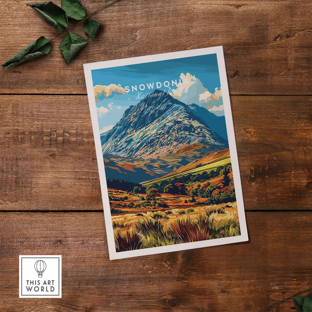 Snowdonia National Park Wales poster featuring vibrant mountain scenery and lush landscapes, ideal for home decor.