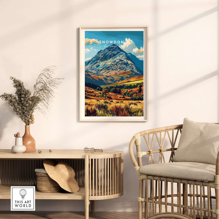 Snowdonia National Park poster framed on a wall, showcasing vibrant mountain scenery and lush landscapes in a stylish room.