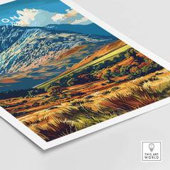 Snowdonia National Park Wales Poster featuring vibrant mountains and landscapes in warm colors.