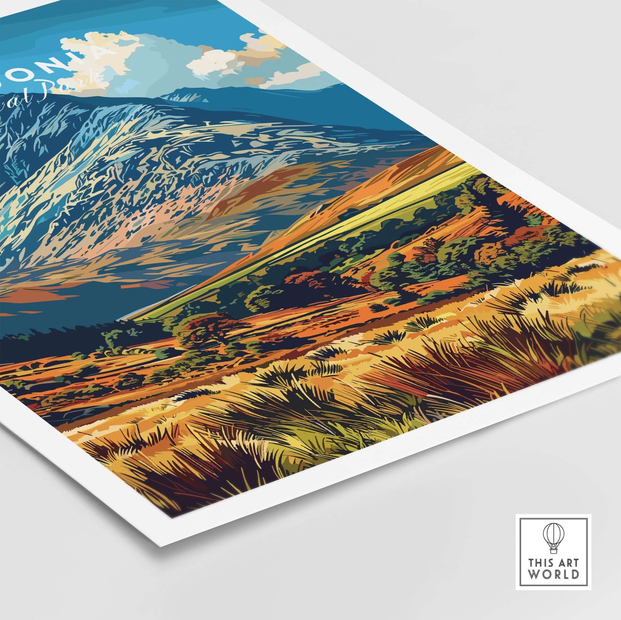 Snowdonia National Park Wales Poster featuring vibrant mountains and landscapes in warm colors.