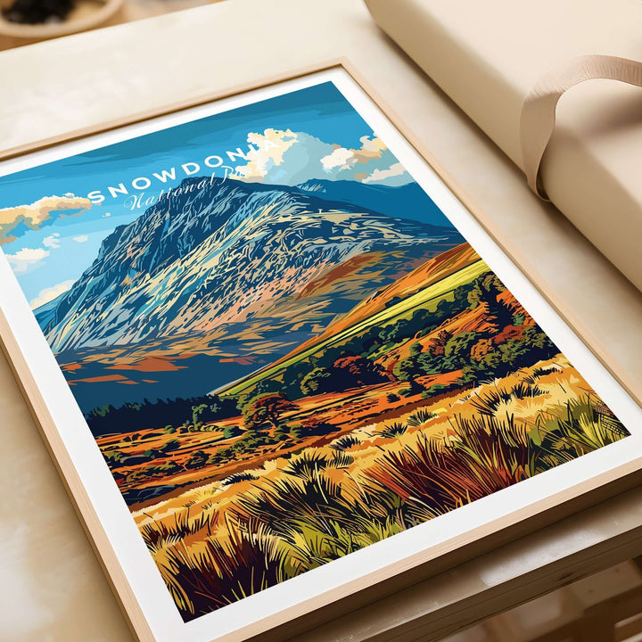 Snowdonia National Park poster featuring colorful mountain scenery in a stylish frame, perfect for home decor.