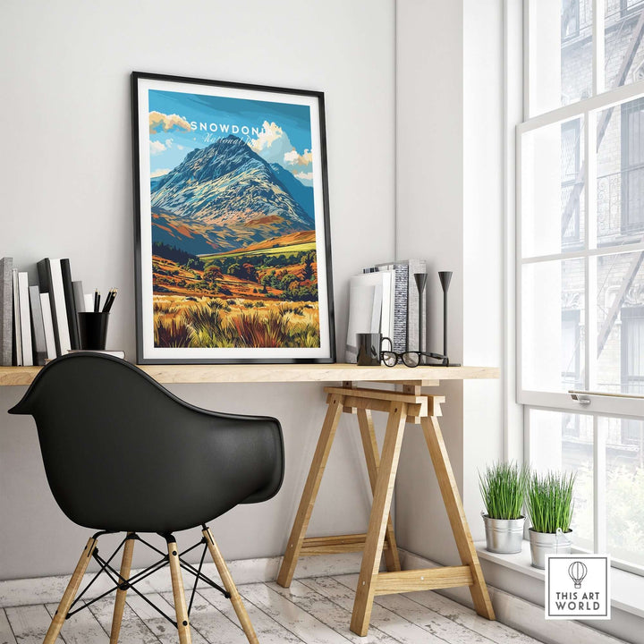 Snowdonia National Park poster displayed in modern home office featuring a stylish chair and wooden desk.