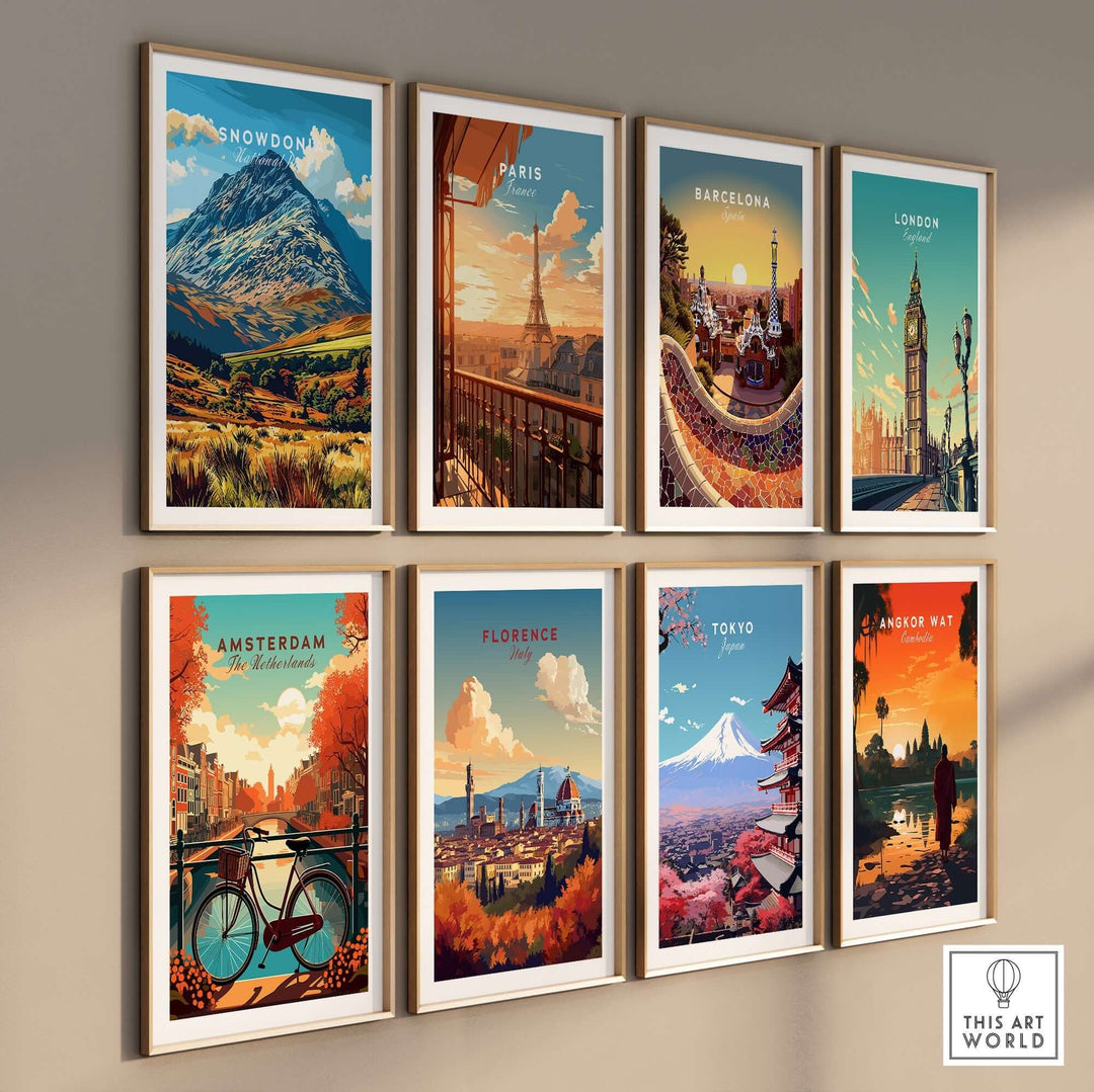 Collection of vibrant travel posters featuring landmarks from Snowdon, Paris, Barcelona, London, Amsterdam, Florence, Tokyo, and Angkor Wat.