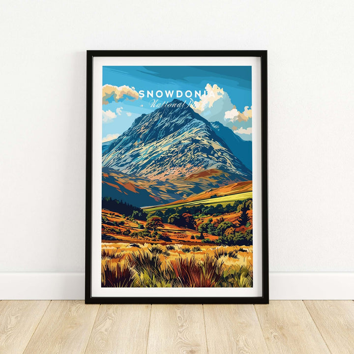 Framed poster of Snowdonia National Park showcasing vibrant scenery and majestic mountains, perfect for home decor.