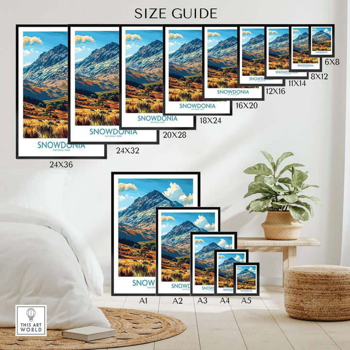 Snowdonia National Park print size guide with various frame sizes displayed in a stylish interior setting.