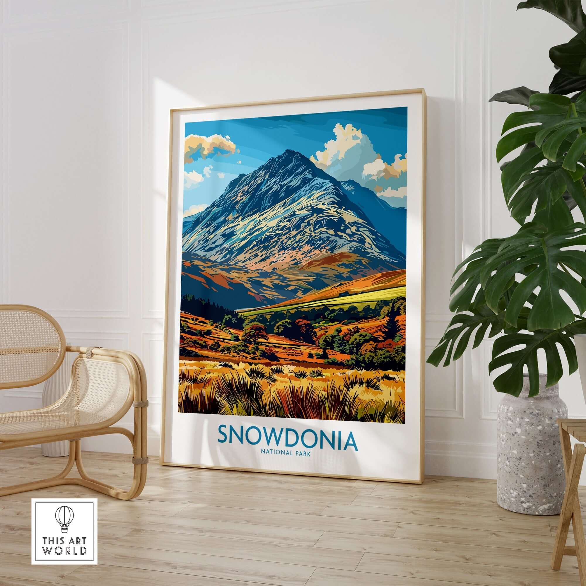 Snowdonia National Park Wales Print showcasing a vibrant mountain landscape in a stylish interior setting.