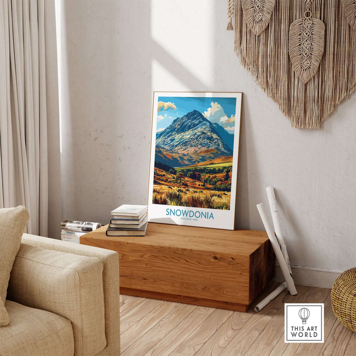 Snowdonia National Park print displayed in a cozy living room setting, showcasing stunning Welsh landscapes.