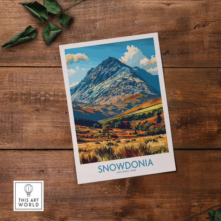 Stunning Snowdonia National Park print showcasing majestic landscapes of Wales on wooden background. Perfect for nature lovers.