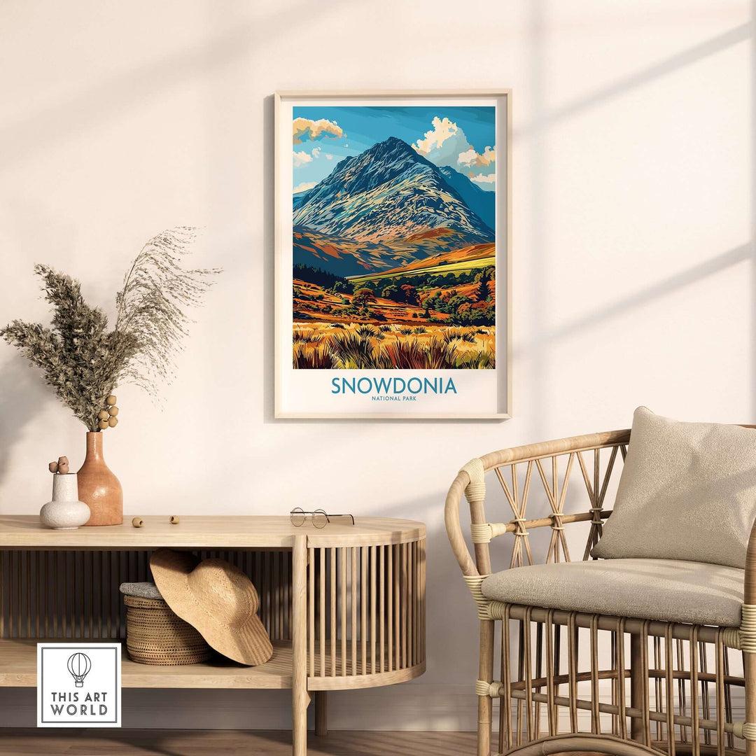 Snowdonia National Park print displayed in a modern living room with natural decor and a cozy chair.