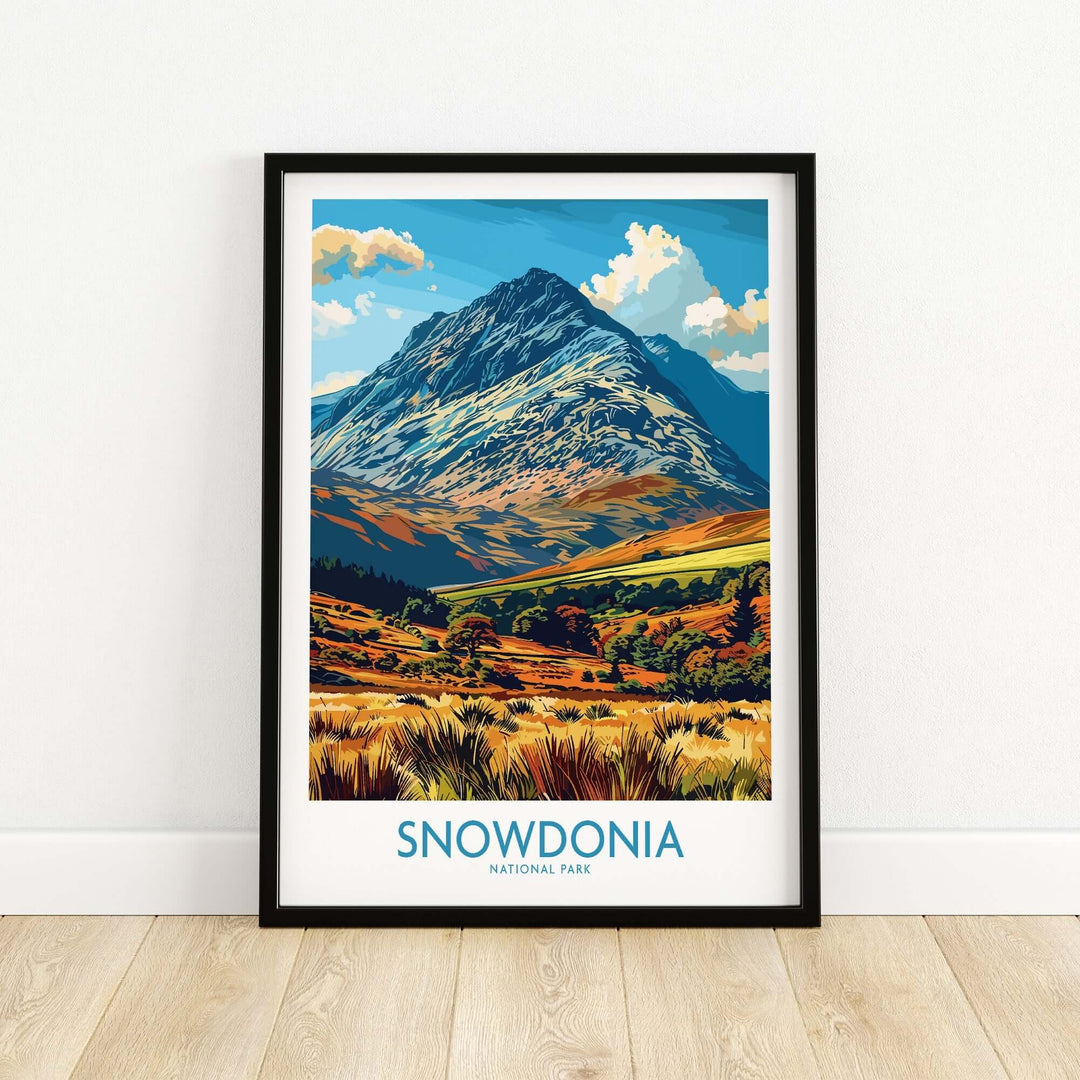 Snowdonia National Park print showcasing majestic mountain landscapes and vibrant scenery of Wales.