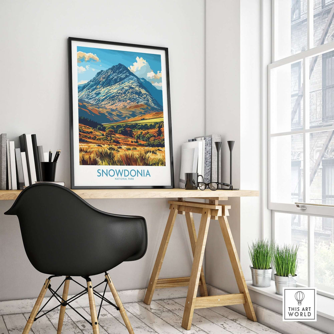 Snowdonia National Park print displayed in a stylish home office setting, showcasing stunning Welsh landscapes.