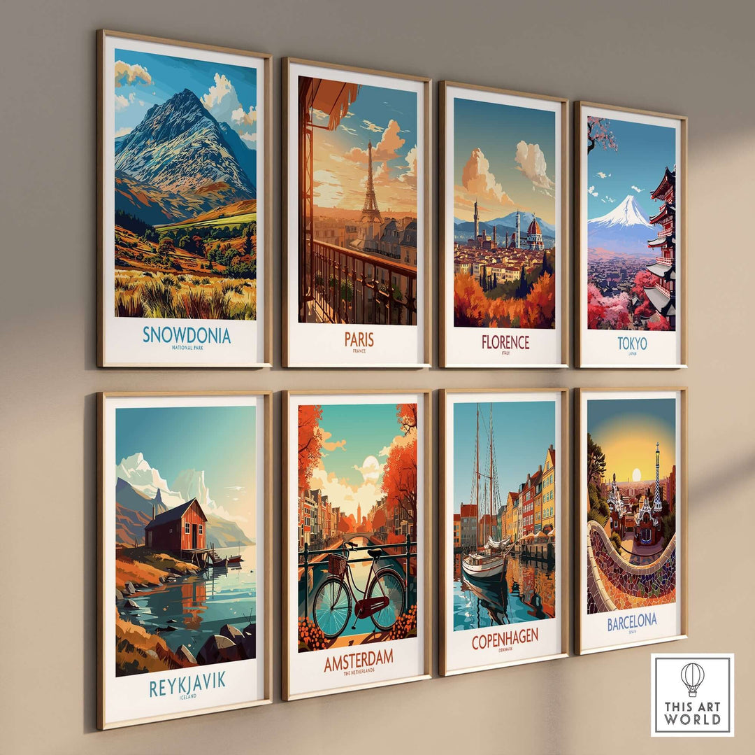 Collection of travel prints featuring Snowdonia, Paris, Florence, Tokyo, Reykjavik, Amsterdam, Copenhagen, and Barcelona.