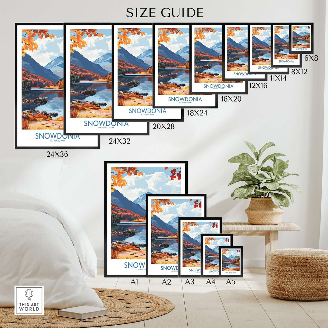 Snowdonia National Park Wales travel print size guide in various frame sizes displayed in a cozy home setting.