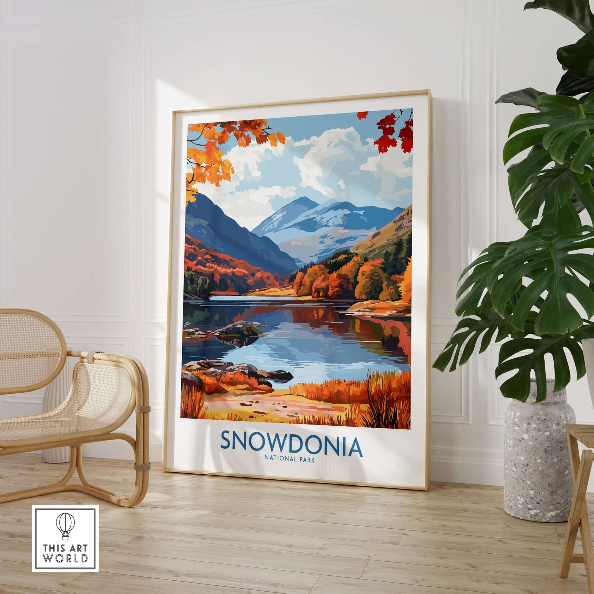 Snowdonia National Park Wales Travel Print showcasing a picturesque landscape with mountains and lakes.