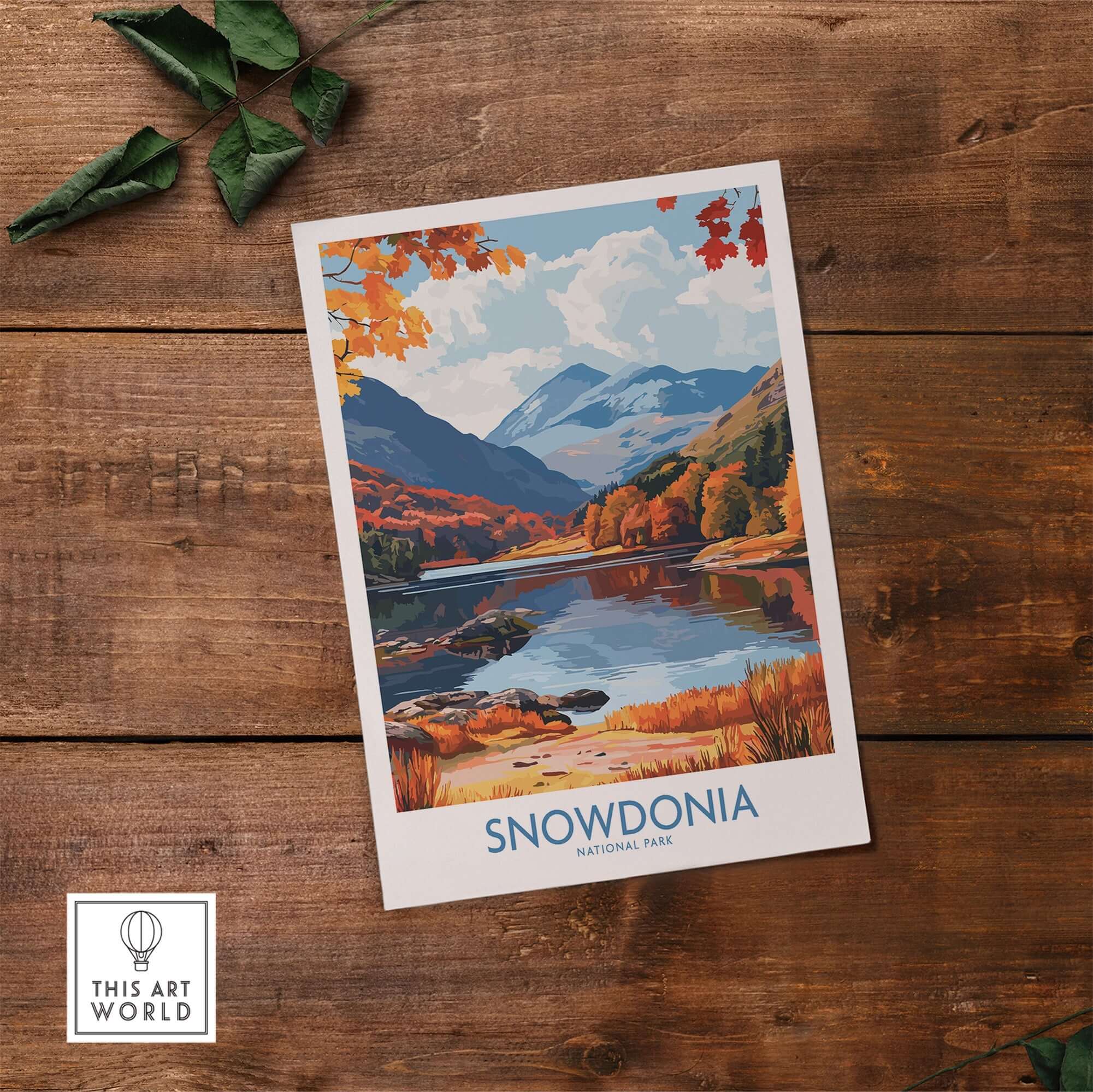 Snowdonia National Park Wales Travel Print featuring autumn landscape and serene lake view.