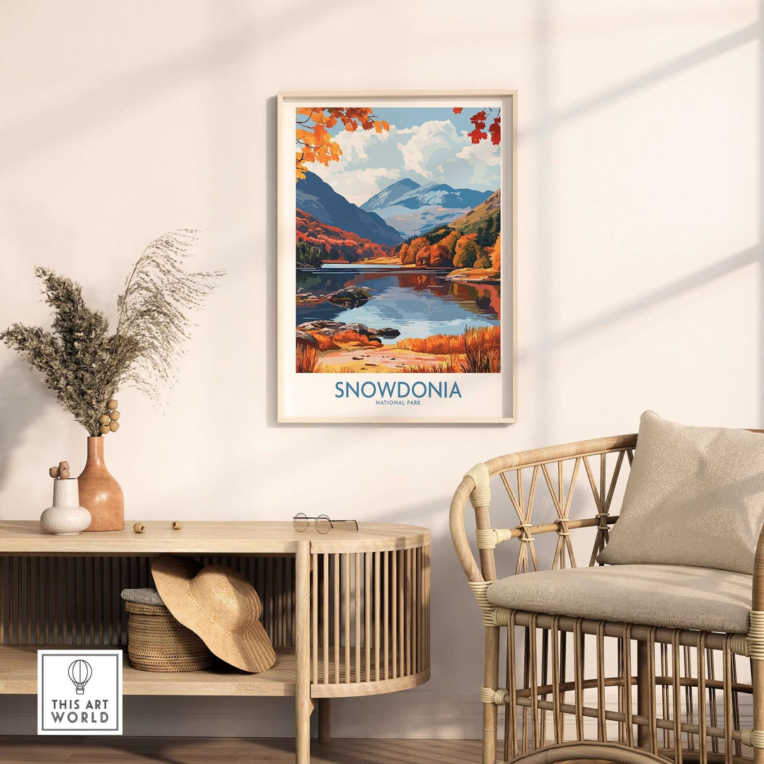 Snowdonia National Park travel print showcasing vibrant fall colors, mountains, and lakes in stylish home decor setting.